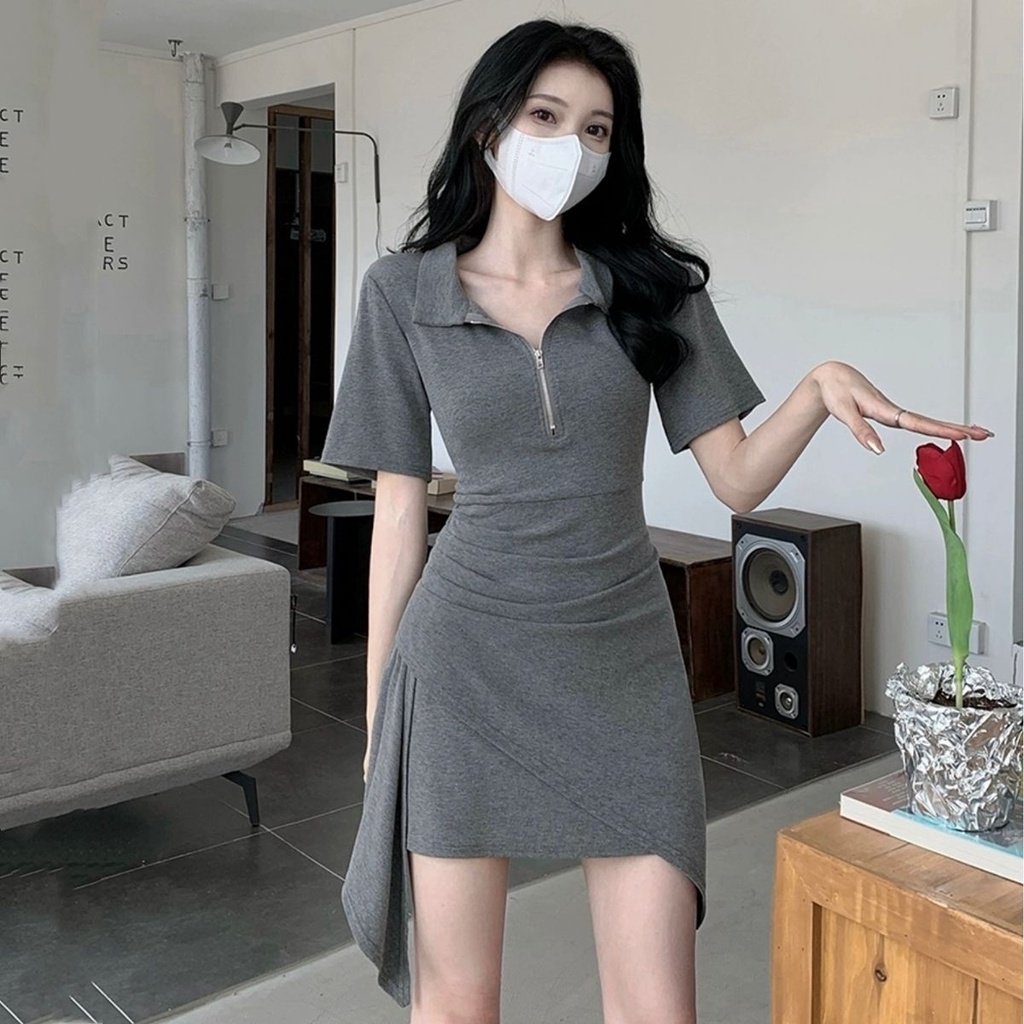 Đầm Ngắn Dáng Chữ a Cổ polo Thiết Kế Không Đồng Đều Mới Thời Trang Cho Nữ NZ-LYQ-20