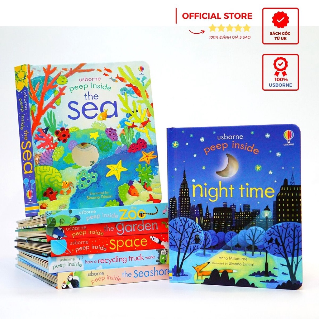 Sách kể chuyện tương tác tiếng Anh Usborne cho bé 3 tuổi Peep Inside night time