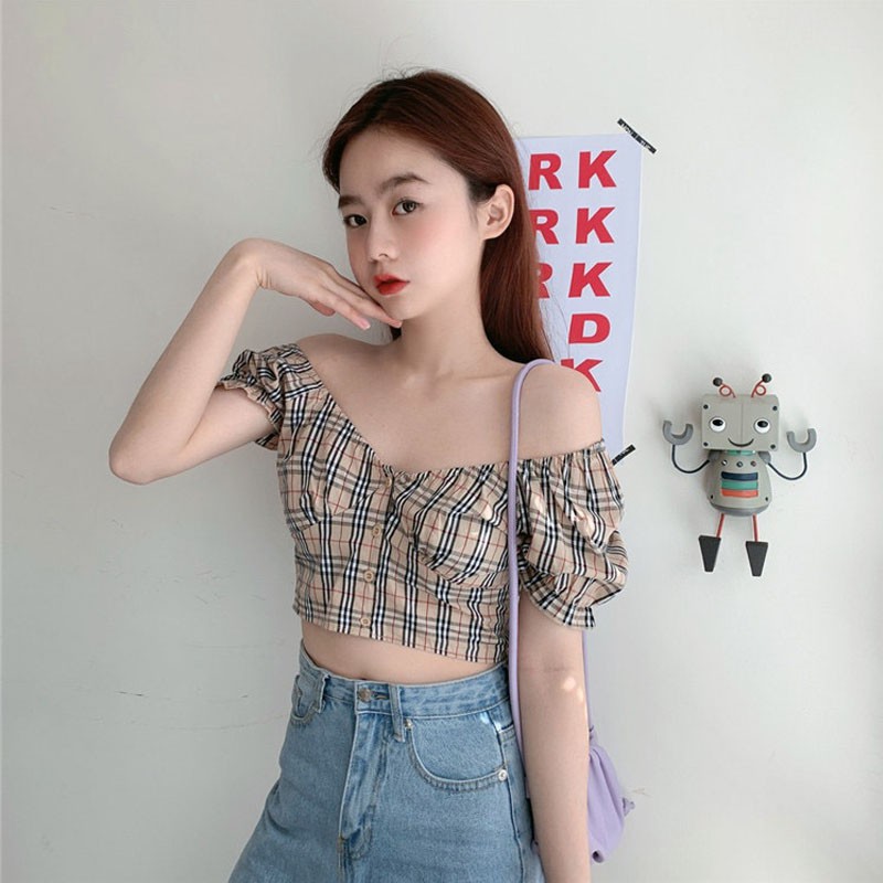 Áo Sơ Mi Tay Ngắn Phối Nút Kẻ Sọc Kiểu Retro Pháp Xinh Xắn Cho Nữ