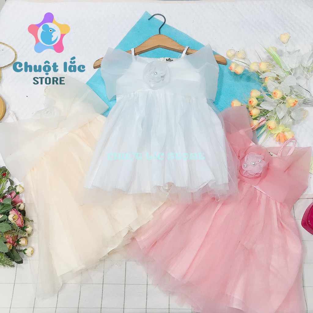 Đầm Công Chúa Bé Gái Chuột Lắc Store Kiểu Nơ Trễ Vai Ren 2 Lớp Cho Bé Gái Từ 10Kg Đến 22Kg( Màu Hồng, Trắng, Kem)