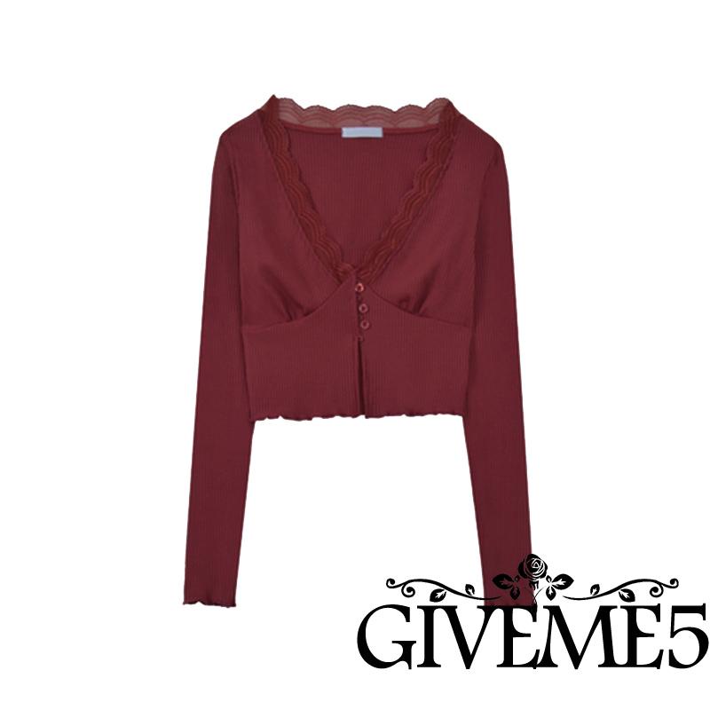 Áo Crop Top Tay Dài Cổ Chữ V Phối Ren Thời Trang Cho Nữ