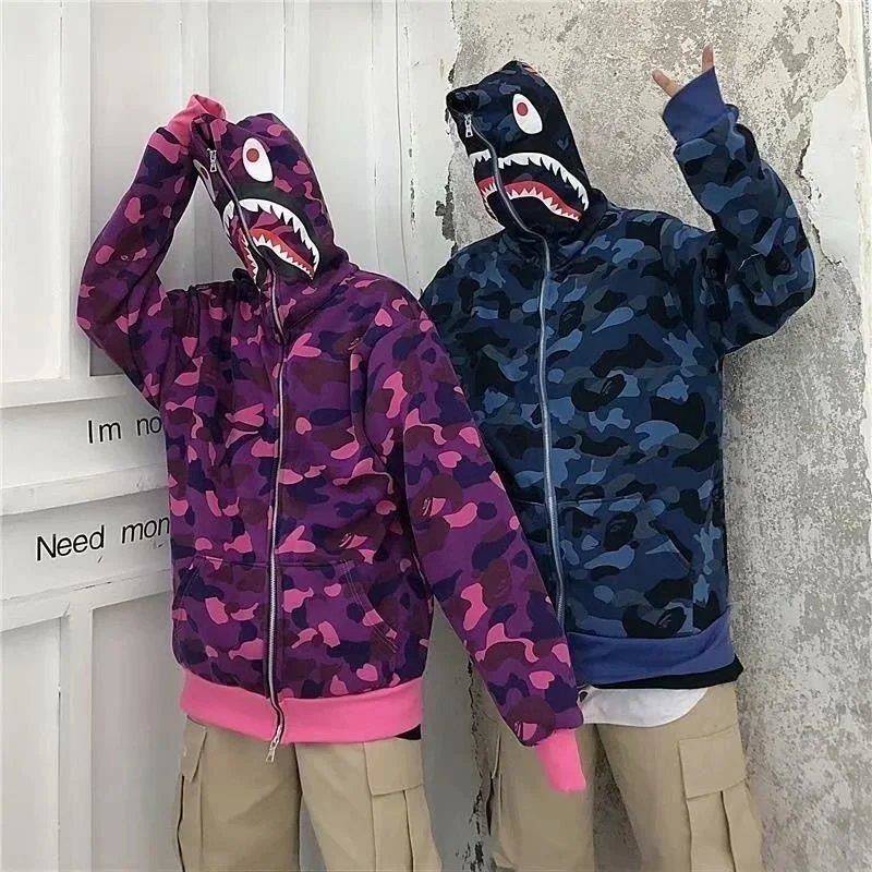 Áo khoác họa tiết cá mập bape có mũ trùm đầu thời trang dành cho nam và nữ
