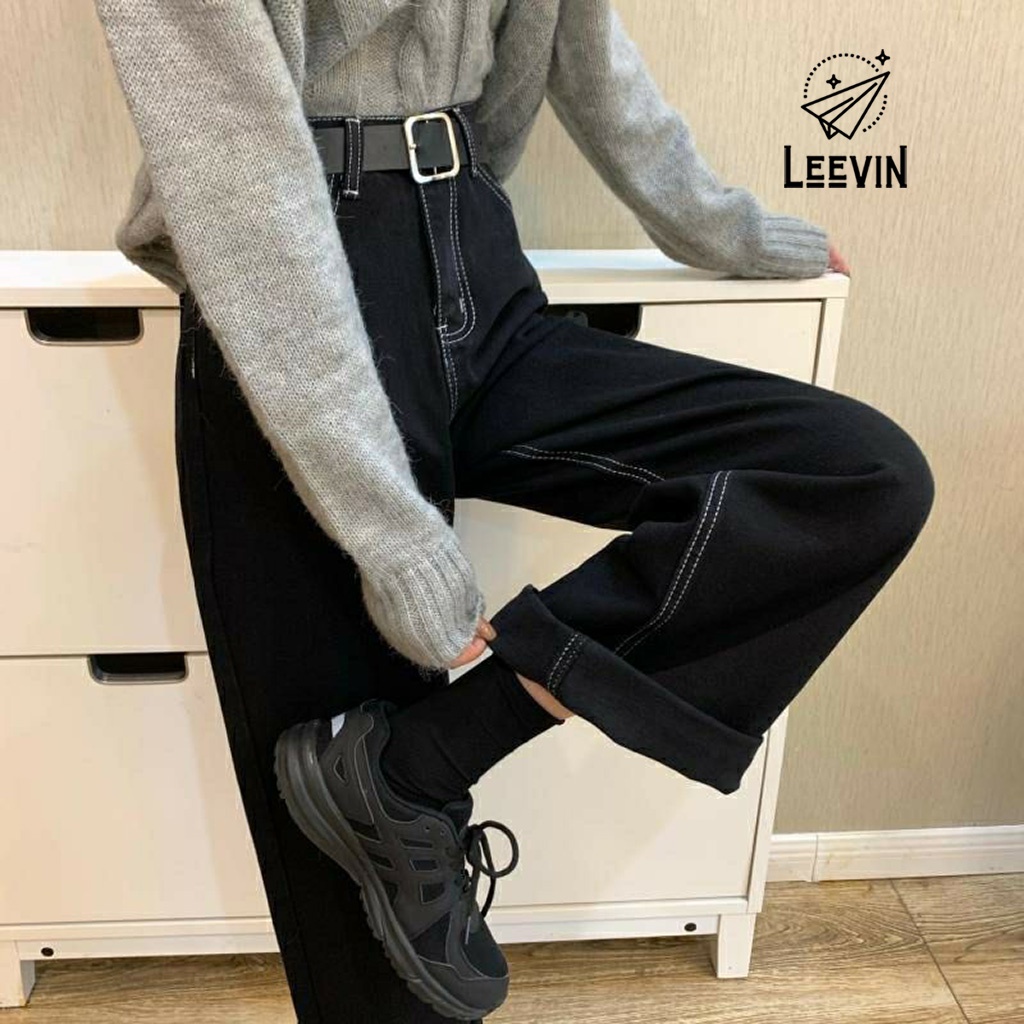 Quần Jean Đen Chỉ Trắng Ống Rộng Nữ Lưng Cao Phong Cách Ulzzang - Kiểu quần bò nữ jeans cạp cao form Leevin Store