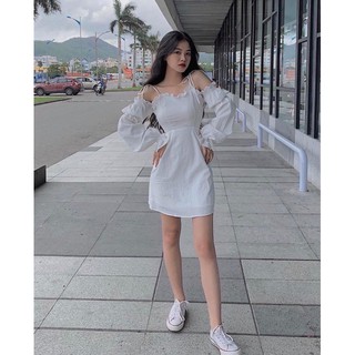 Đầm rớt vai tay bo chun (có đệm ngực)