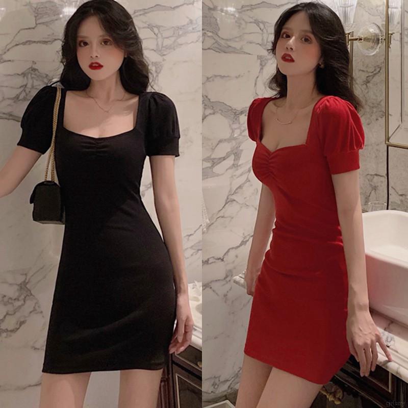 Đầm Tay Phồng Cổ Vuông Màu Trơn Phong Cách Thời Trang Hàn Quốc