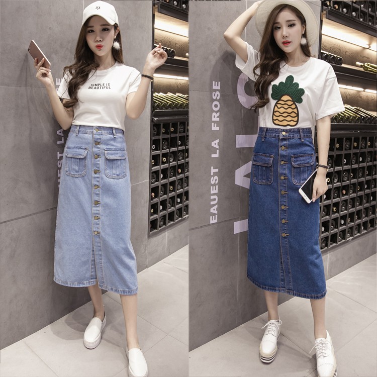 [CAO CẤP_TRỢ SHIP] Chân váy jean dài cài nút 2 túi C138 dáng suông, phối túi, vải jeans dày không co dãn