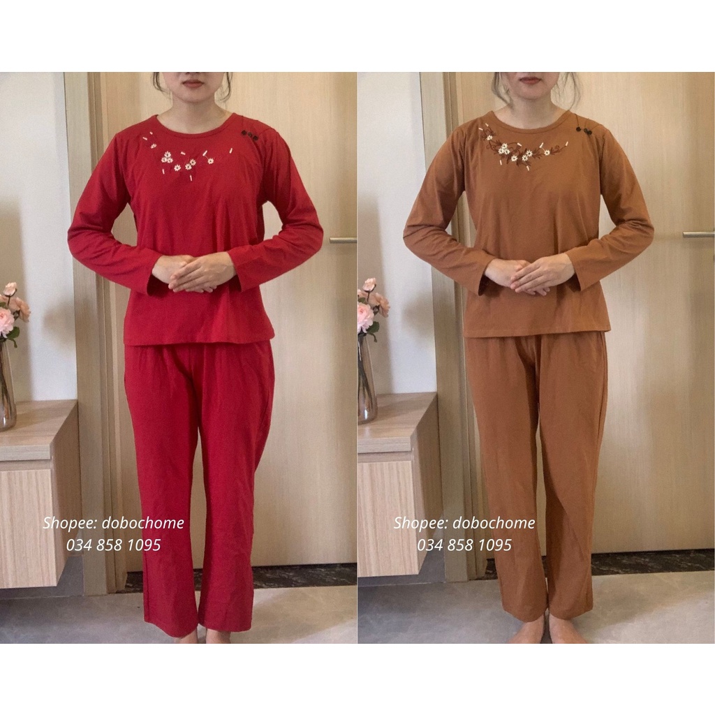 Bộ Đồ Ngủ Dài Tay Thu Đông Cotton Cho Bà Cho Mẹ Trung Niên Lớn Tuổi