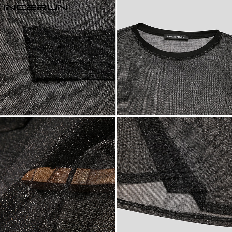 Áo thun INCERUN vải lưới mỏng xuyên thấu tay dài cổ tròn dáng rộng thời trang mùa hè cho nam