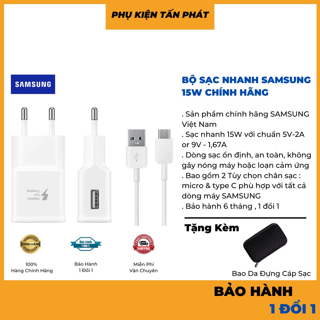 Bộ Sạc Nhanh SAMSUNG 15W Chính Hãng - Tặng Kèm Bao Da - Bảo Hành 6 Tháng 1 Đổi 1