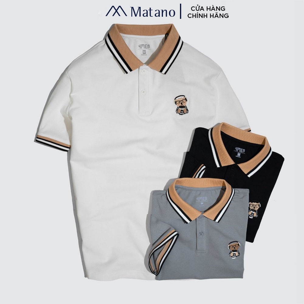 Áo thun polo nam thêu gấu MATANO PO048 có cổ trụ bẻ dệt sọc, ngực thêu gấu trẻ trung, vải cá sấu cotton thoáng mát