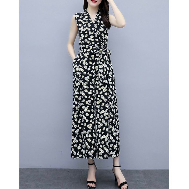 Jumpsuit dài lụa in hoa cúc nhí, bộ jum đồ bay ống rộng không tay có bigsize - HNG