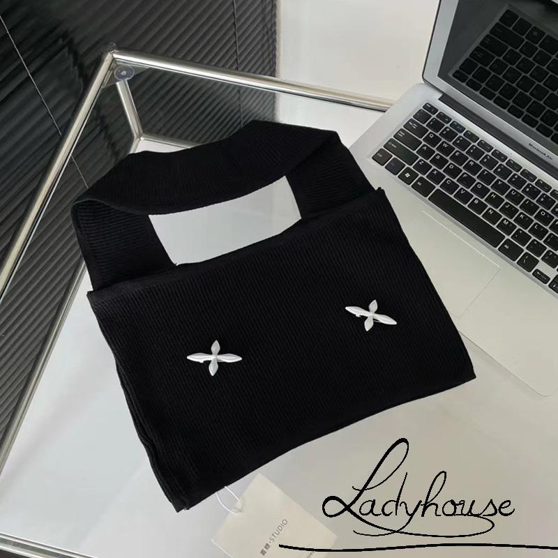 Áo Crop Top Dệt Kim Không Tay Cổ Yếm Chéo Màu Trắng/Đen/Xanh Dương Thời Trang Mùa Hè Cho Nữ