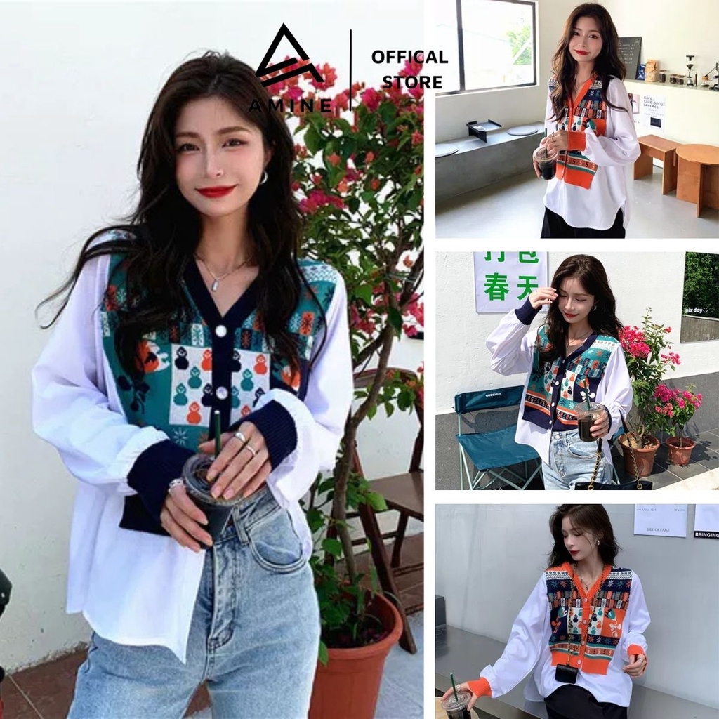 Áo len nữ , sơ mi nữ form rộng phối len nhiều họa tiết phong cách Hàn Quốc siêu đẹp C21