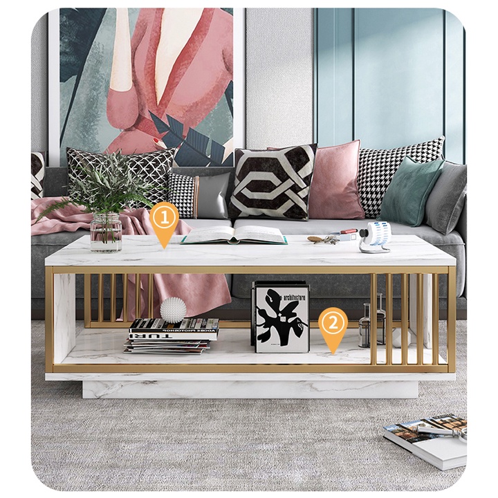 Bàn trà sofa mặt gỗ chân kim loại đẹp sang trọng,Bàn trà gỗ phòng khách uống nước 2 tầng họa tiết vân mây giá rẻ 100x50