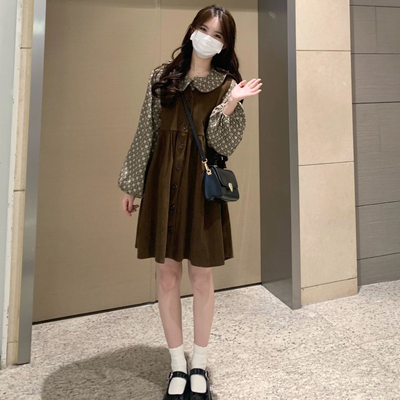 Bộ Áo Sơ Mi Cổ Búp Bê + Đầm Yếm Thiết Kế Mới Xinh Xắn Thời Trang Dành Cho Nữ