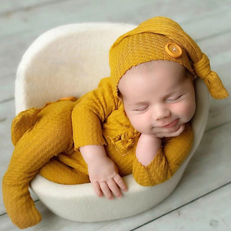 Set 2 bộ áo liền thân dệt kim có nón dành cho bé sơ sinh chụp ảnh
