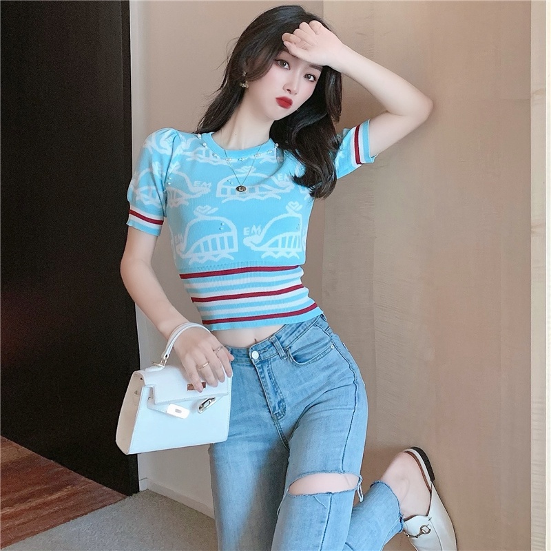 Áo thun ZHELIHANGFEI tay ngắn dệt kim lụa lạnh eo cao đính ngọc trai phong cách Pháp thời trang mùa hè dành cho nữ