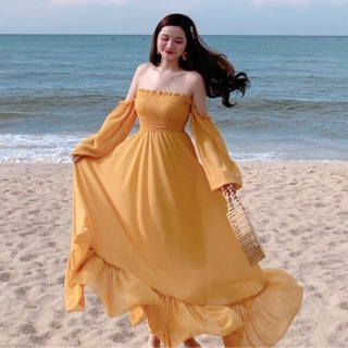 🔴Đầm maxi vàng bèo tà đi biển chụp ảnh siêu xinh, mặc 2 kiểu trể vai và tay dài