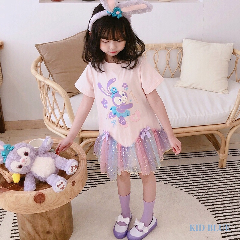 Đầm Cổ Tròn Tay Ngắn Phối Lưới In Họa Tiết Hoạt Hình Phong Cách Phương Tây Thời Trang Mùa Hè Cho Bé Gái