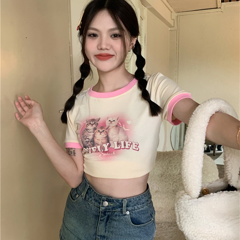 Áo Thun Tay Ngắn Hở Rốn Kiểu Dáng Dễ Thương Xinh Xắn