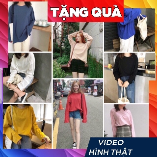 Áo thun tay dài phông rộng form freesize nữ unisex trơn basic mặc cặp, nhóm, lớp, couple