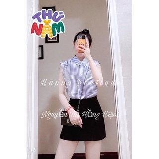 Anu28 - áo sơ mi nữ kẻ xanh 2 túi sát nách