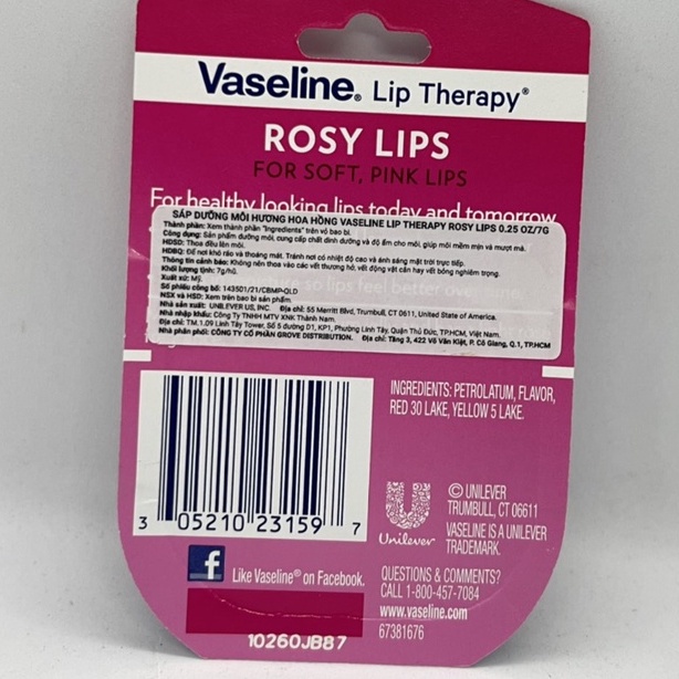 [ Hàng Auth]Dưỡng môiFREESHIPDưỡng Da Vaseline Rosy Lips 7g Mỹ, Môi Hồng mềm mượt