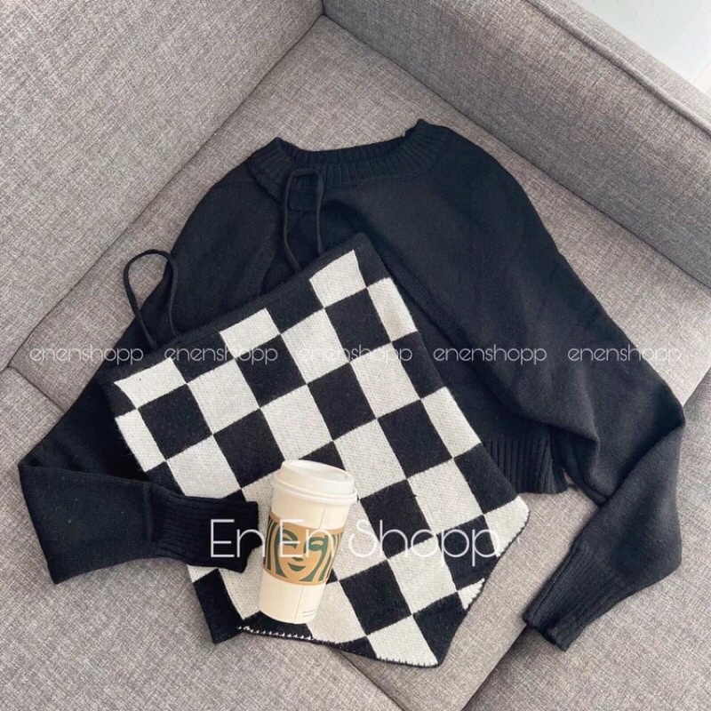 Set áo cặp body ô vuông đen, nâu tây | BigBuy360 - bigbuy360.vn
