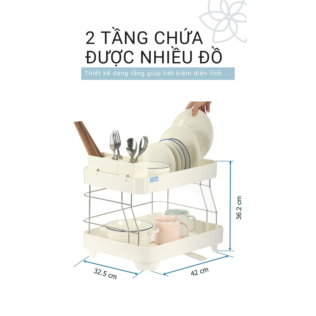 Kệ Để Chén Bát Nhựa Inox 2 Tầng Inochi Có Khay Thoát Nước Thông Minh Dùng Để Làm Giá Úp Bát Đĩa Chén Đũa Trên Chậu Rửa