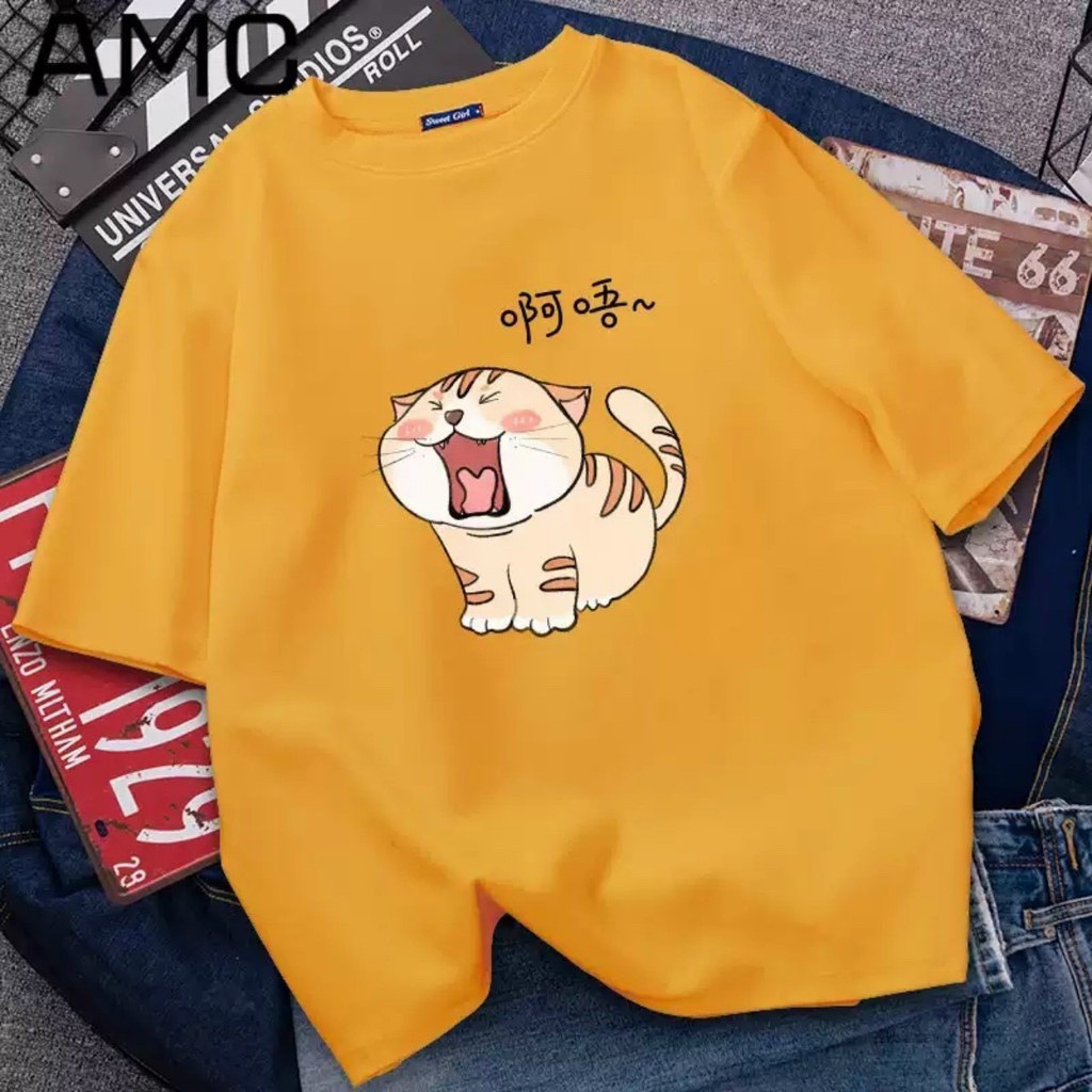 Áo thun tay lỡ unisex mèo ngáp form rộng tay lỡ / Áo phông nữ