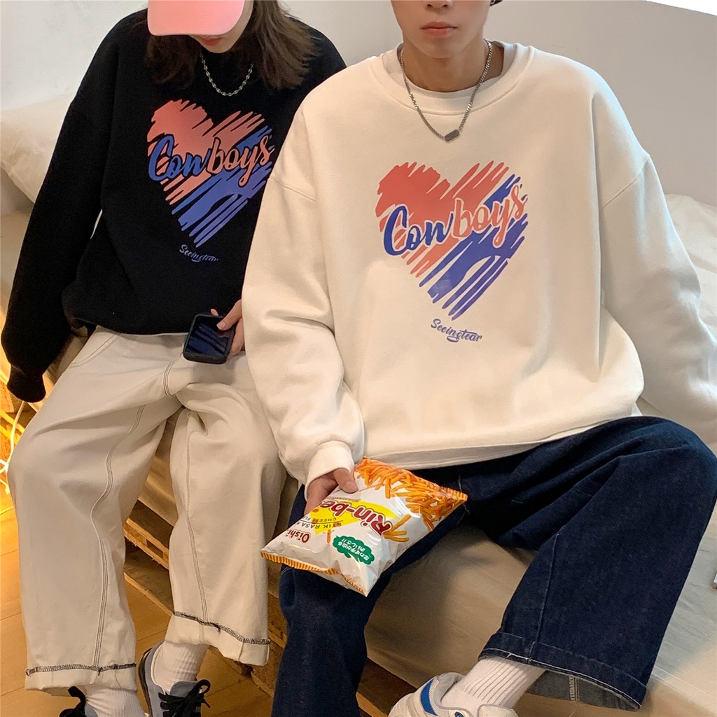 Áo Sweater Cổ Tròn Dáng Rộng In Hình Trái Tim Thời Trang Mùa Thu Mới 2021 Cho Cặp Đôi