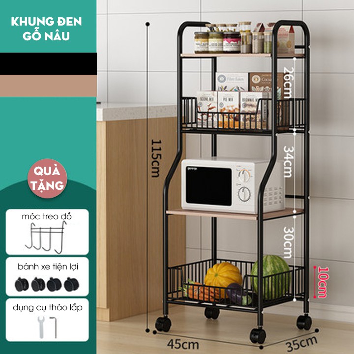 Kệ Nhà Bếp Đa Năng 4 Tầng Có Bánh Xe Kệ Gỗ Để Lò Vi Sóng Cực Tiện Dụng