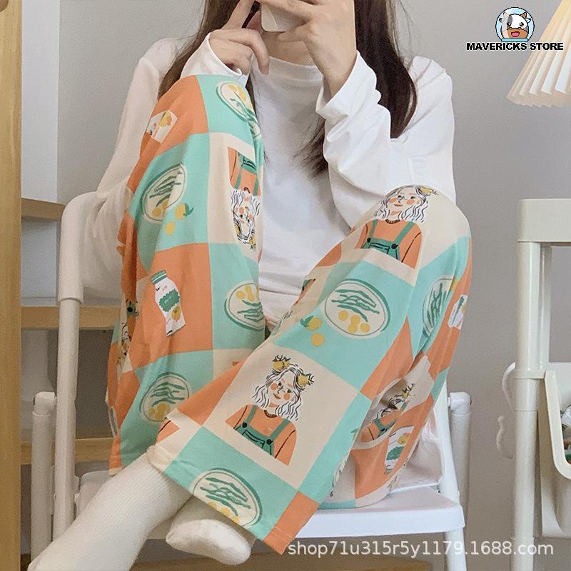 Quần dài mặc ở nhà mỏng in họa tiết kẻ sọc đen trắng phong cách Hàn Quốc dễ thương cho nữ