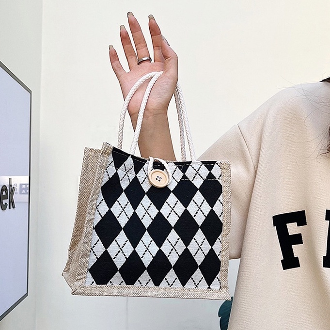 Túi Tote Mini Vải Cói Đan Có Cúc Cài