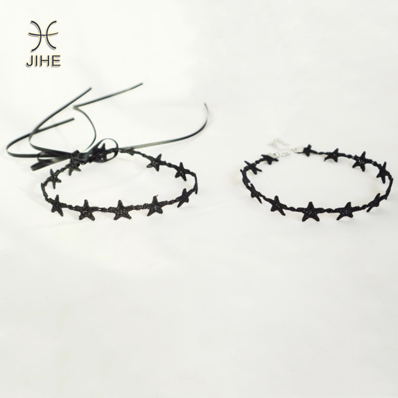 【JIHE】Vòng Cổ Choker Mặt Ngôi Sao Năm Cánh Màu Đen Phong Cách Nhật Hàn Thời Trang