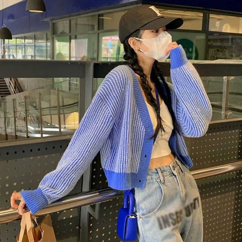 Áo Khoác Cardigan Dệt Kim Cổ Chữ V Họa Tiết Kẻ Sọc Màu Tương Phản Phong Cách Hàn Quốc Cho Nữ