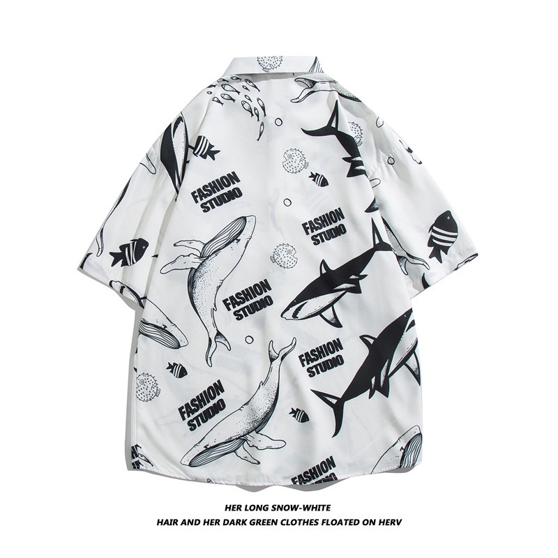 Short Sleeve Shirt With Cartoon Shark Print Korean Style Summer Fashion For Men 2022
