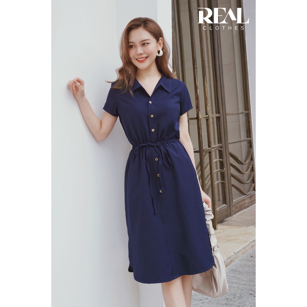 Đầm sơ mi rút dây xanh navy_REAL