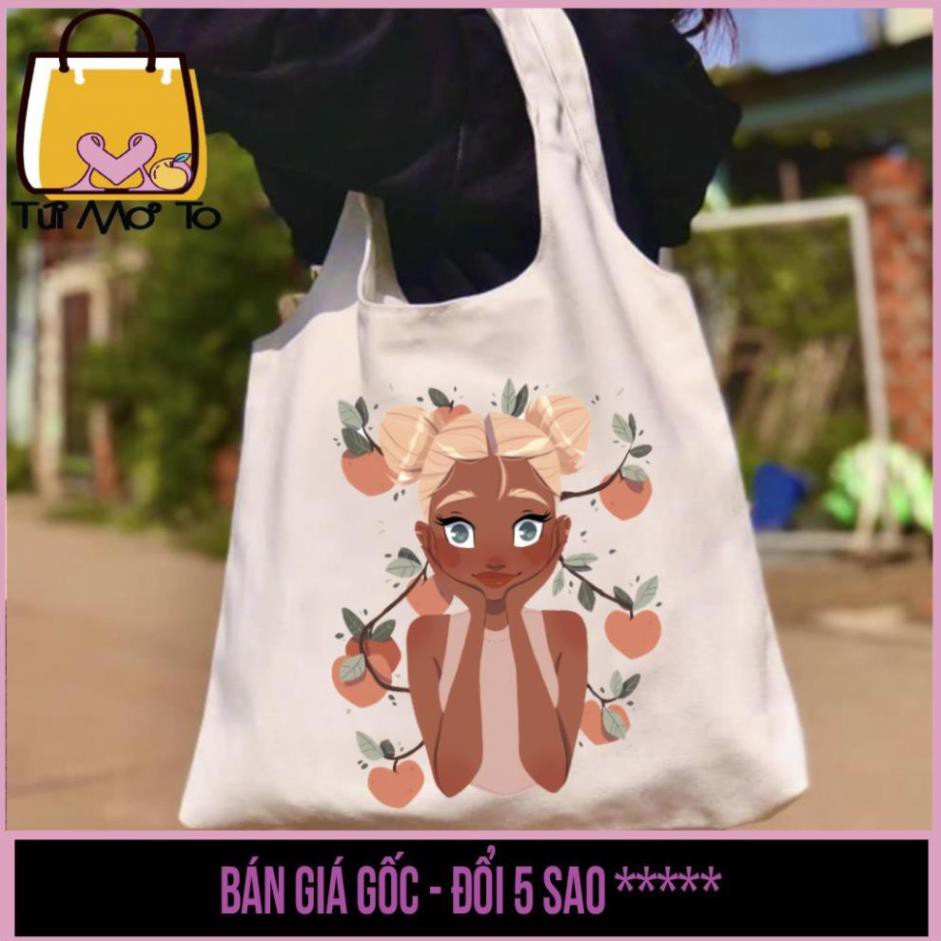 Túi tote, túi vải canvas Quai TRÒN, có khóa kéo in hình Cô Gái TÓC NGẮN - Túi Mơ Tro store