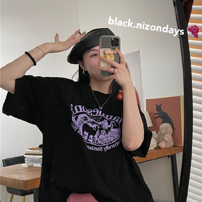 Áo thun IELGY tay lỡ cổ tròn dáng rộng thời trang Harajuku Hàn Quốc thích hợp cho nữ