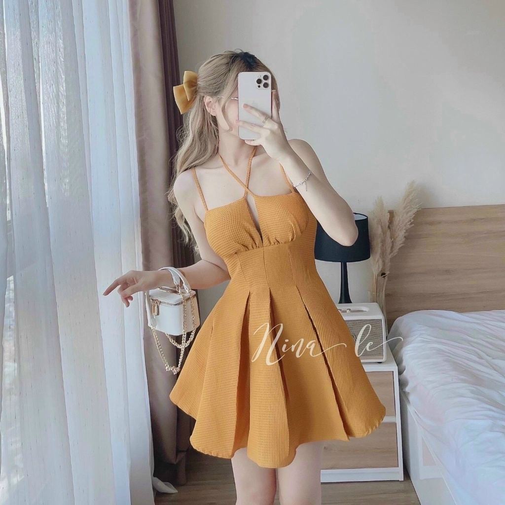 [ 8.8 Sales Freeship] Đầm 2 dây xốp dáng xòe cột nơ ngực cực xinh, đầm xòe tiểu thư nhiều màu đi tiệc quyến rũ