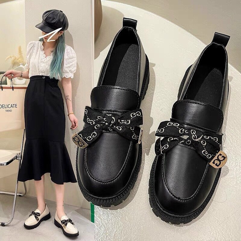 [Có sẵn] Giày lười nữ nơ gắn khóa cg da mềm êm chân siêu xinh mã L004