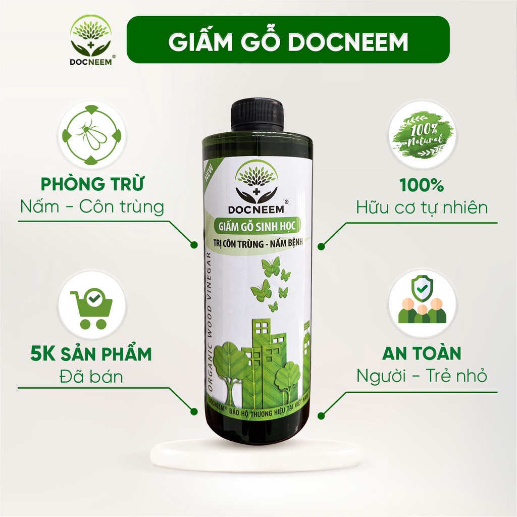 Giấm gỗ sinh học DOCNEEM phòng ngừa xua đuổi côn trùng, diệt nấm lá cho cây cảnh, rau củ quả, hoa hồng, phong lan 500ml