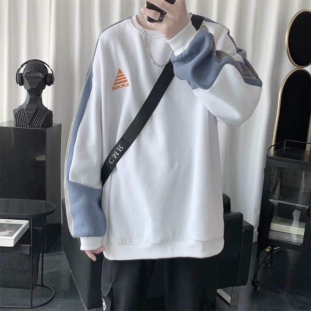 Áo sweater cổ tròn dáng rộng lót nhung phối màu phong cách hong kong thời trang mùa thu cho nam size m-4xl