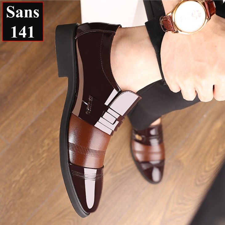Giày da tăng chiều cao 6cm Sans141 giầy tây độn đế da bóng mũi tròn màu nâu đen