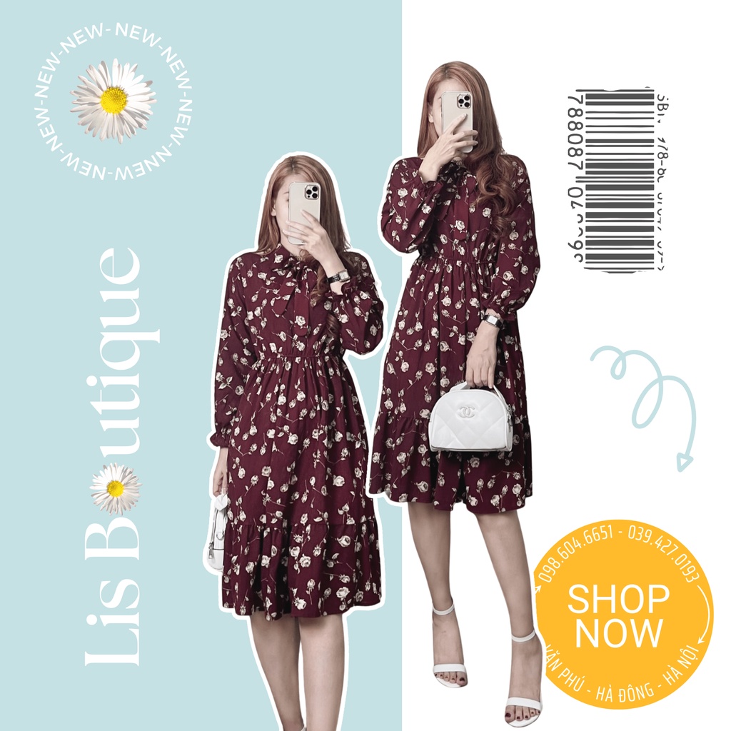 Đầm váy hoa nhí dài tay chun eo màu đỏ đô, đầm hoa nhí vintage mùa thu váy dáng dài tiểu thư freesize Lis Boutique