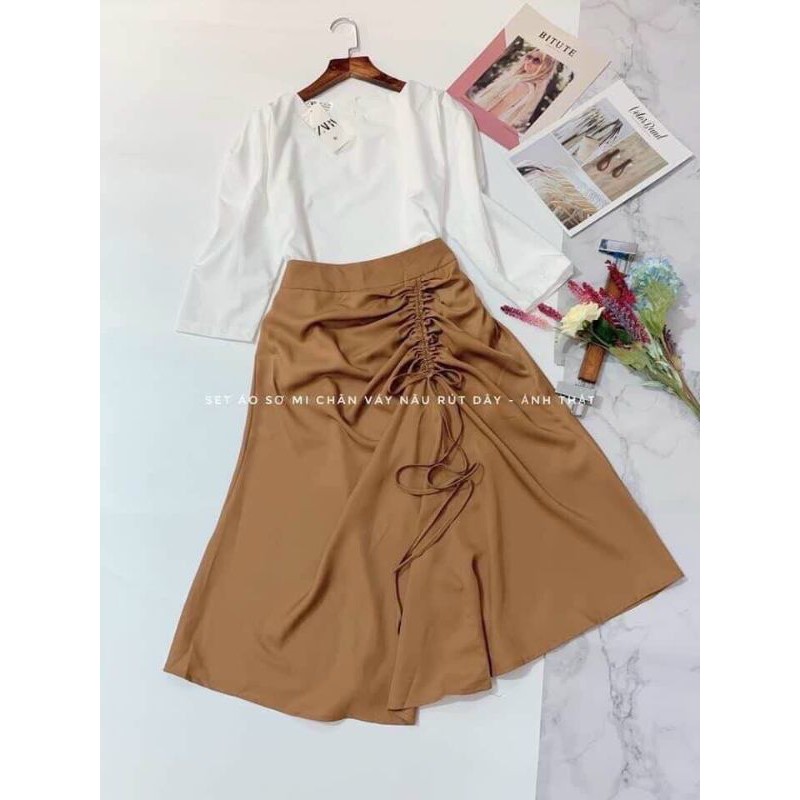 Set áo cổ thuyền tay lỡ và chân váy nhún
