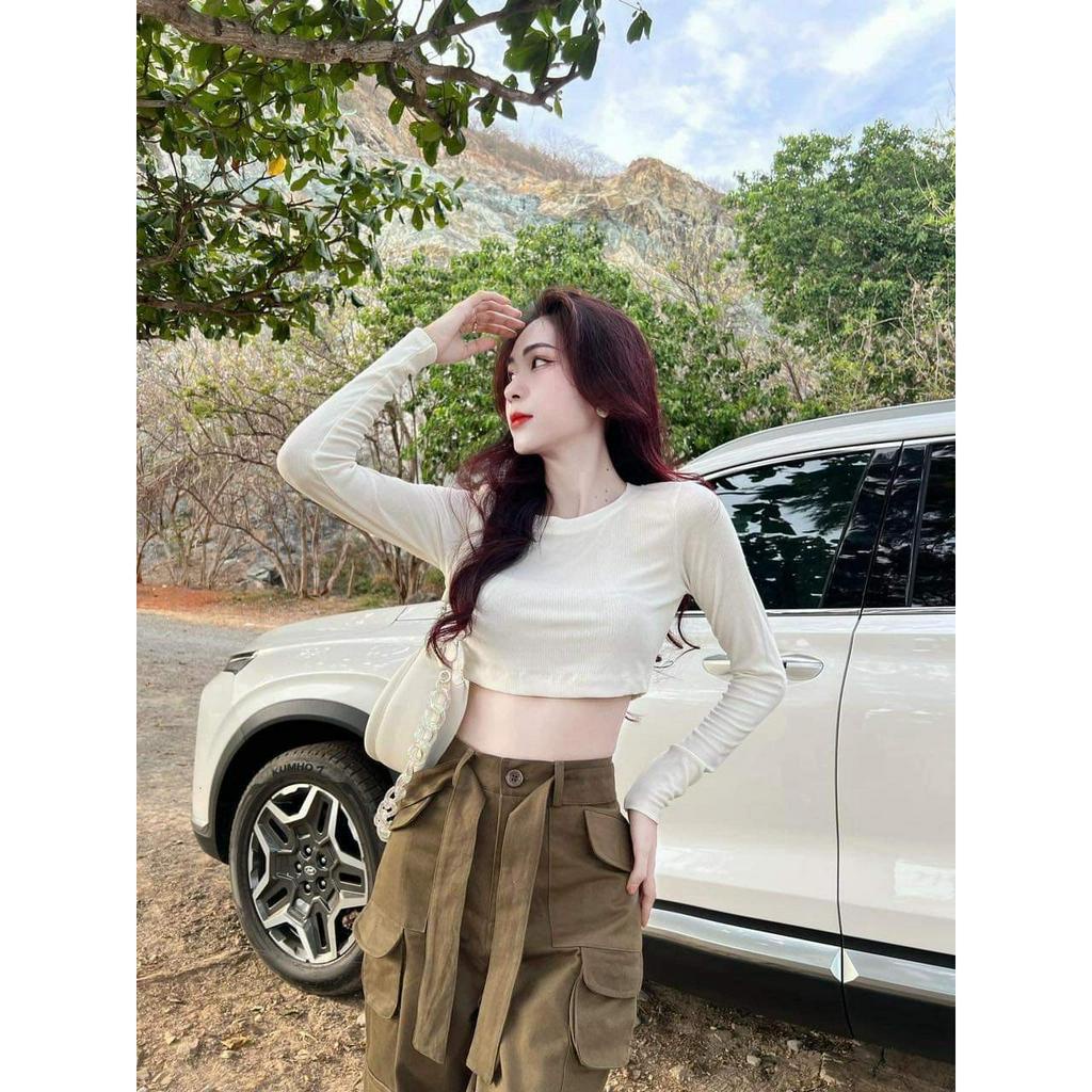 Set đồ nữ cá tính 2 món quần dài ống rộng lưng cao có khuy gài kèm áo croptop thun dài tay ôm body cực xinh