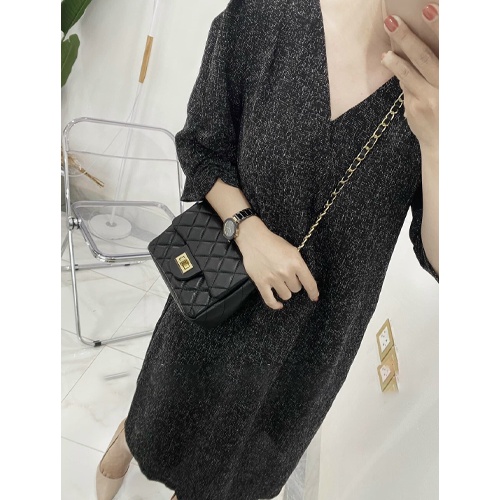 Váy suông thu đông dáng suông dài mặc đi chơi, Váy dạ cổ V tay lỡ - VDL1010 - Trabinhshop