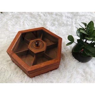Khay đựng mứt, bánh kẹo tết lục lăng bằng gỗ mặt kính - ảnh thật 100%